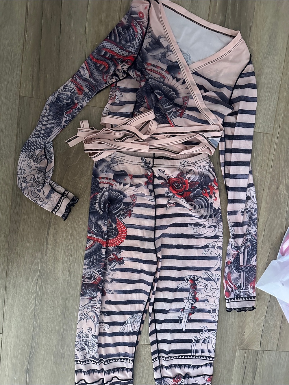 Striped Mesh Dragon Print Wrap Top and Legging Set in Blush
